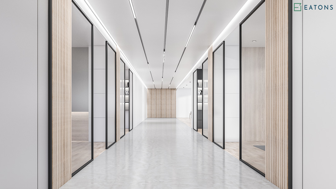 Open hallway concept glass partition wall